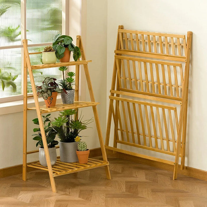 50cm Length Folding 3-Tier Wooden Plant Stand Flower Rack Indoor Balcony Storage Shelf Ladder Display - 2