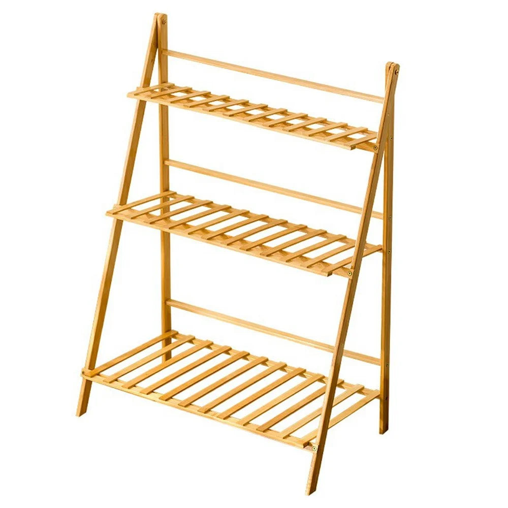 70cm Length Folding 3-Tier Wooden Plant Stand Flower Rack Indoor Balcony Storage Shelf Ladder Display - 1