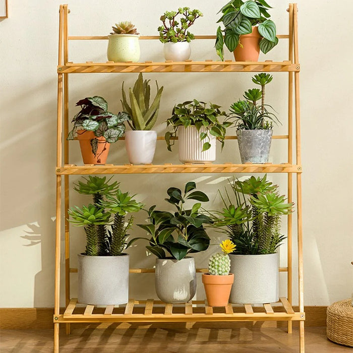 70cm Length Folding 3-Tier Wooden Plant Stand Flower Rack Indoor Balcony Storage Shelf Ladder Display - 3