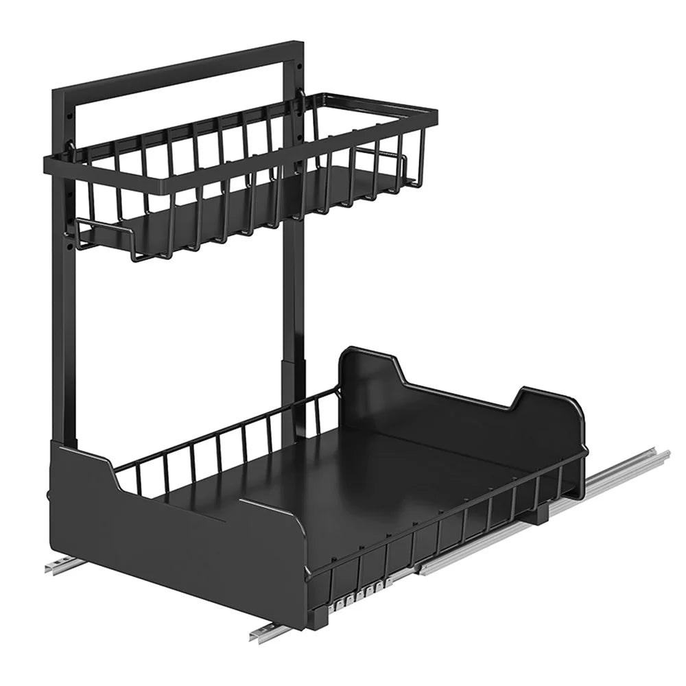Under Sink Organizer Sliding Drawer Storage Rack Double Track Pull Out Kitchen Shelf for Home / Bathroom - Black - 1