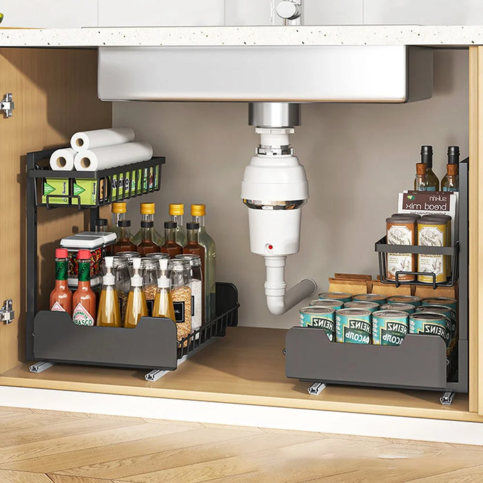 Under Sink Organizer Sliding Drawer Storage Rack Double Track Pull Out Kitchen Shelf for Home / Bathroom - Black - 3