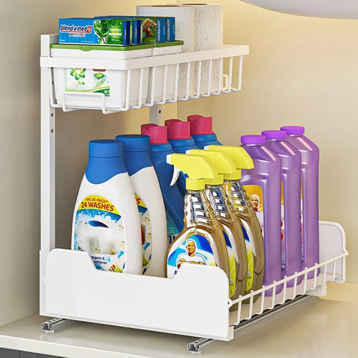 Under Sink Organizer Sliding Drawer Storage Rack Double Track Pull Out Kitchen Shelf for Home / Bathroom - Black - 4