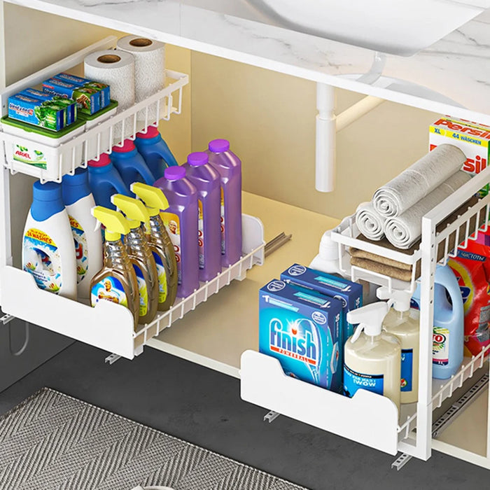 Under Sink Organizer Sliding Drawer Storage Rack Double Track Pull Out Kitchen Shelf for Home / Bathroom - Black - 5