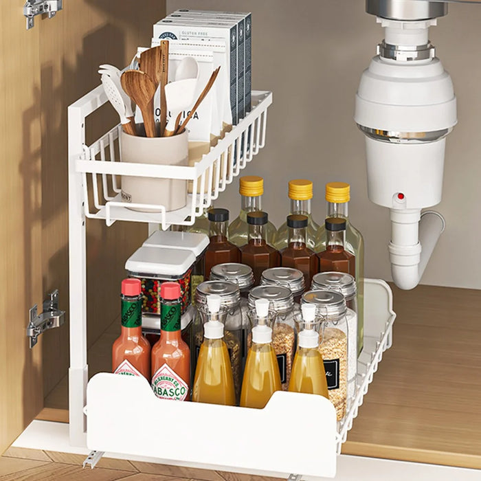 Under Sink Organizer Sliding Drawer Storage Rack Double Track Pull Out Kitchen Shelf for Home / Bathroom - Black - 6