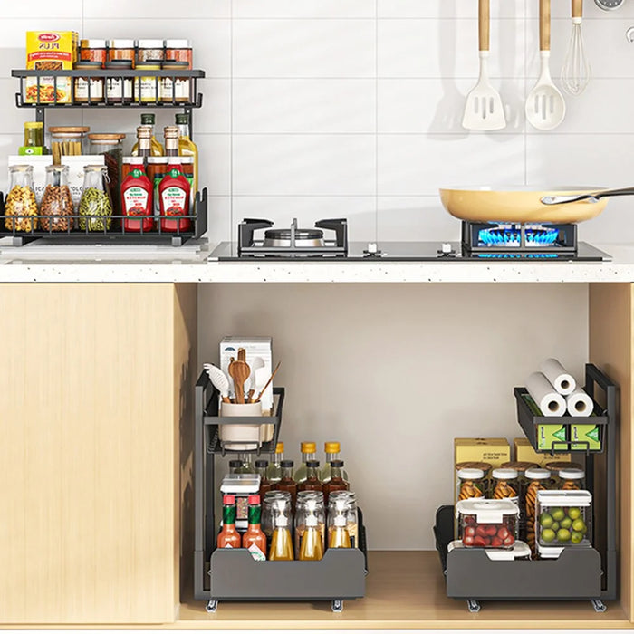 Under Sink Organizer Sliding Drawer Storage Rack Double Track Pull Out Kitchen Shelf for Home / Bathroom - Black - 7