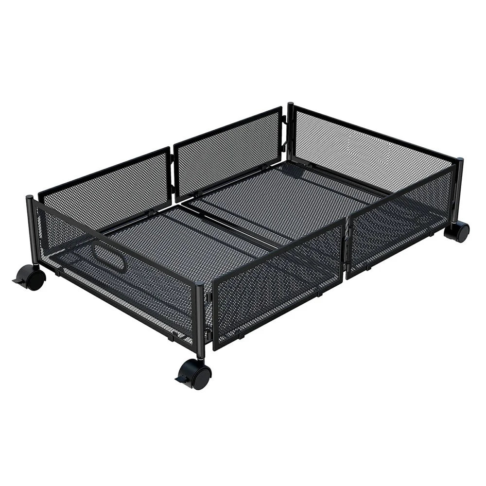 Folding Under Bed Storage Holder with Wheels Movable Organizer Basket for Clothes - Black - 1