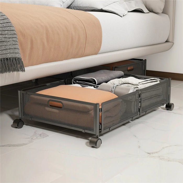 Folding Under Bed Storage Holder with Wheels Movable Organizer Basket for Clothes - Black - 3