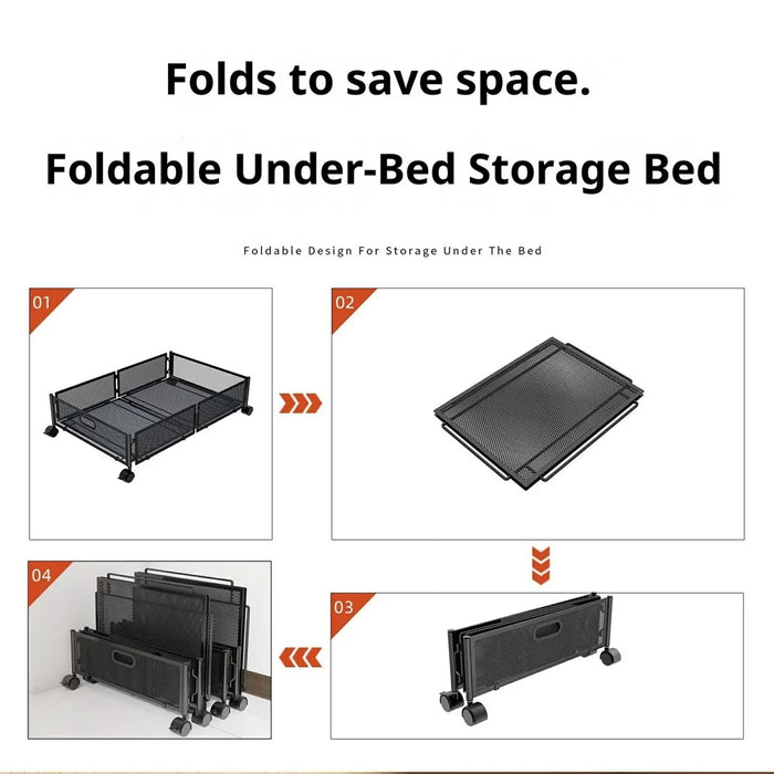 Folding Under Bed Storage Holder with Wheels Movable Organizer Basket for Clothes - Black - 5
