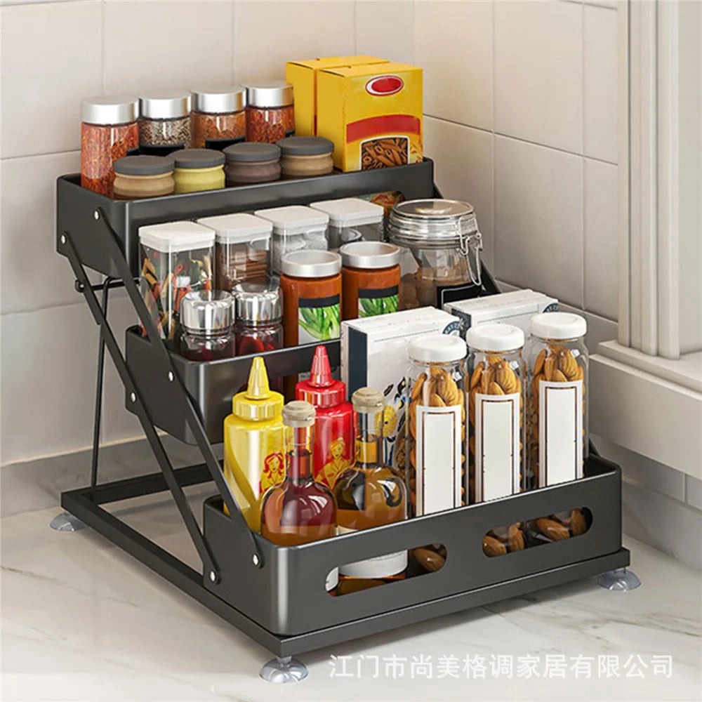 Adjustable Kitchen Spice Rack Countertop Organizer 3-Tier Storage Shelf for Home - Black - 2