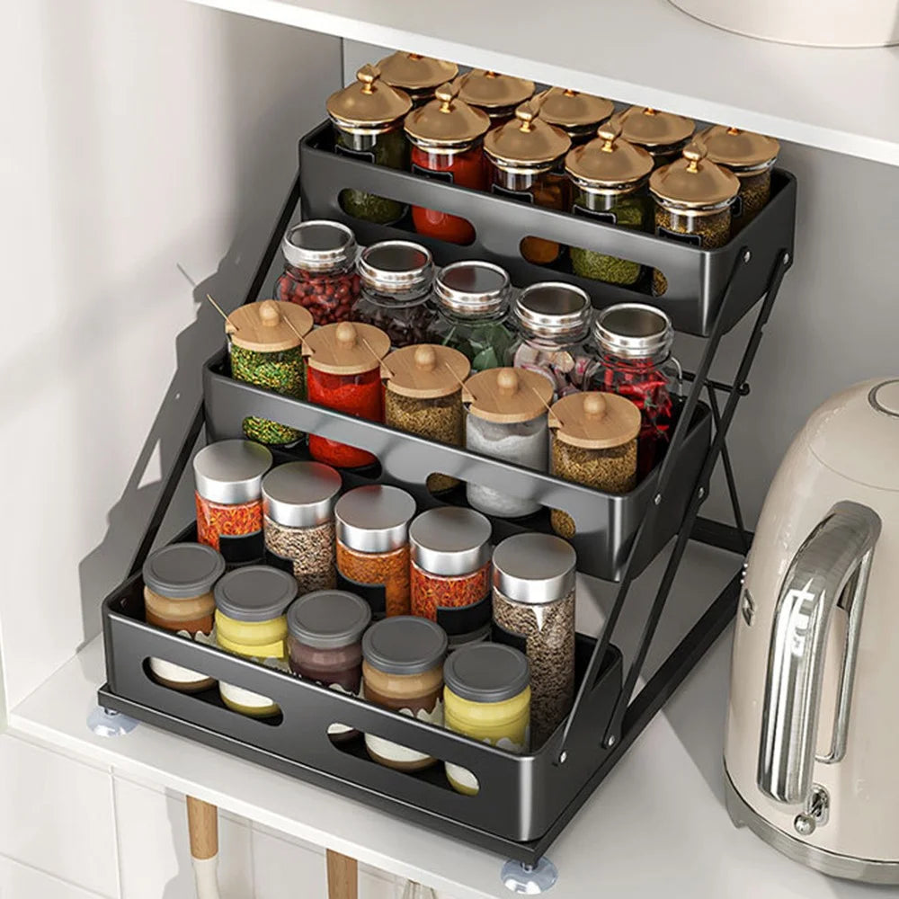 Adjustable Kitchen Spice Rack Countertop Organizer 3-Tier Storage Shelf for Home - Black - 3