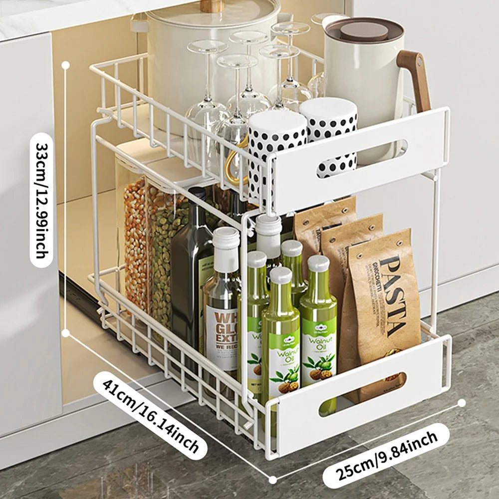 Dual Layer Pull Out Organizer Kitchen Cabinet Storage Rack Spice Holder Under Sink Drawer Shelf - White - 1