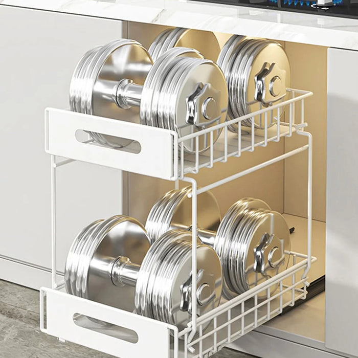 Dual Layer Pull Out Organizer Kitchen Cabinet Storage Rack Spice Holder Under Sink Drawer Shelf - White - 2