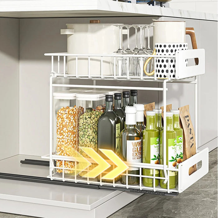 Dual Layer Pull Out Organizer Kitchen Cabinet Storage Rack Spice Holder Under Sink Drawer Shelf - White - 3