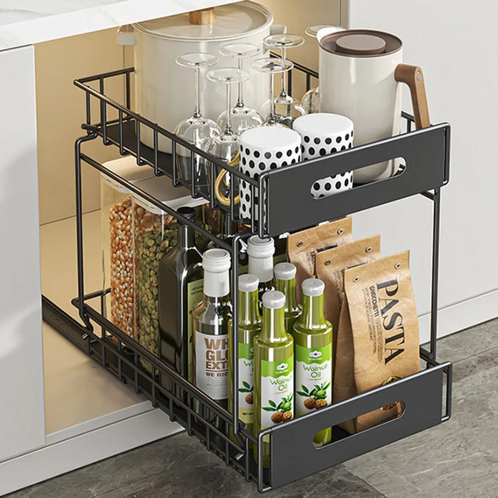 Dual Layer Pull Out Organizer Kitchen Cabinet Storage Rack Spice Holder Under Sink Drawer Shelf - White - 4