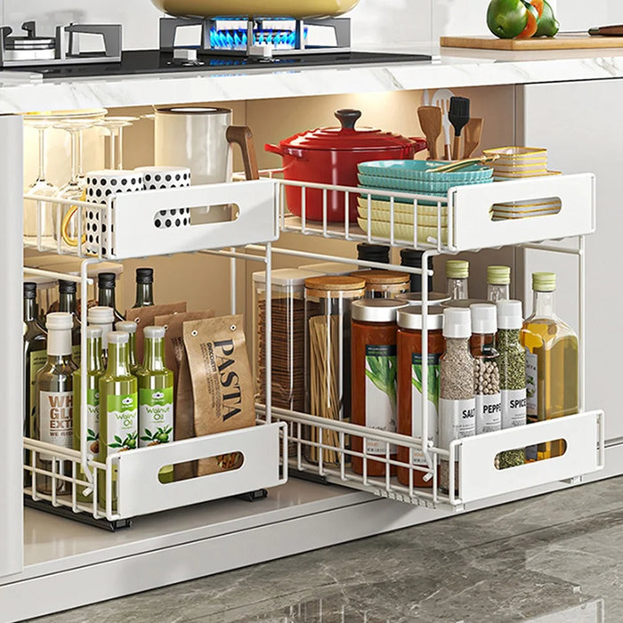 Dual Layer Pull Out Organizer Kitchen Cabinet Storage Rack Spice Holder Under Sink Drawer Shelf - White - 5