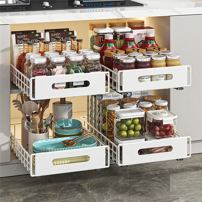 Dual Layer Pull Out Organizer Kitchen Cabinet Storage Rack Spice Holder Under Sink Drawer Shelf - White - 6