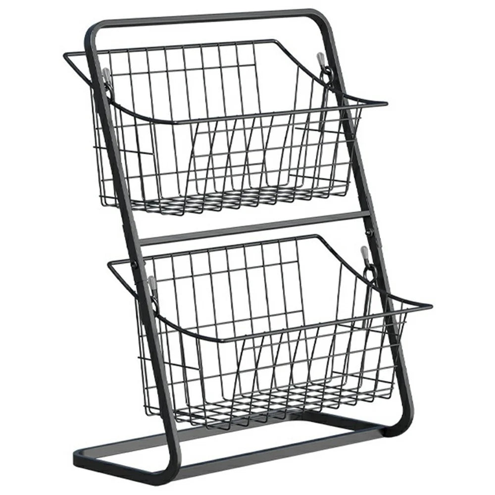 Desktop Double Layer Storage Rack Iron Basket Organizer for Bathroom Kitchen Countertop Shelf - Black - 1