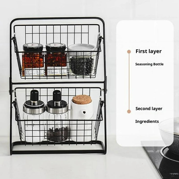 Desktop Double Layer Storage Rack Iron Basket Organizer for Bathroom Kitchen Countertop Shelf - Black - 2