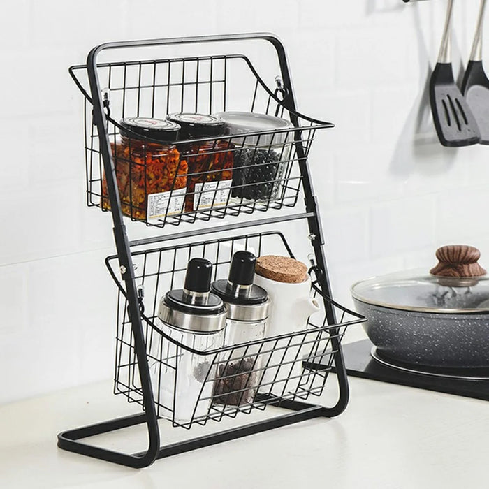 Desktop Double Layer Storage Rack Iron Basket Organizer for Bathroom Kitchen Countertop Shelf - Black - 4