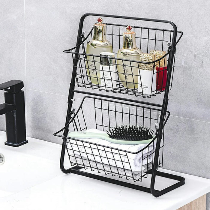 Desktop Double Layer Storage Rack Iron Basket Organizer for Bathroom Kitchen Countertop Shelf - Black - 5