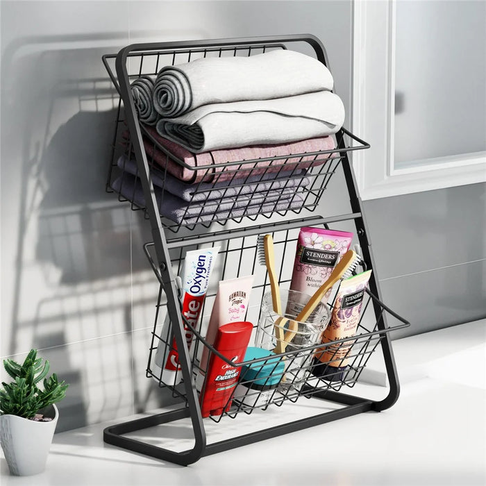 Desktop Double Layer Storage Rack Iron Basket Organizer for Bathroom Kitchen Countertop Shelf - Black - 6
