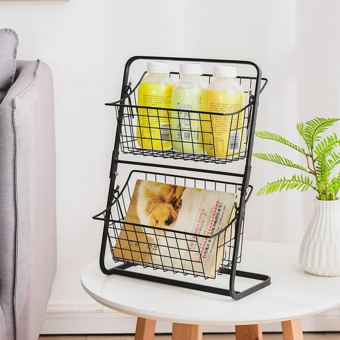 Desktop Double Layer Storage Rack Iron Basket Organizer for Bathroom Kitchen Countertop Shelf - Black - 7