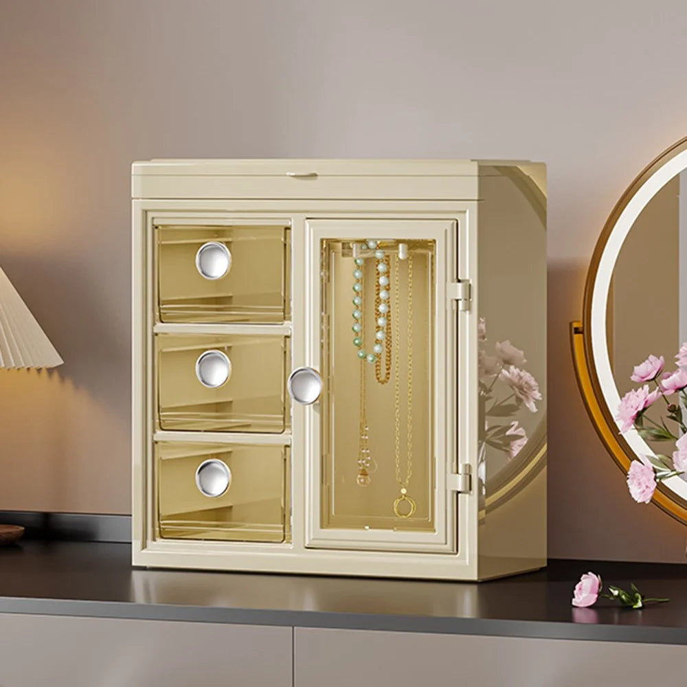 Jewelry Organizer Box Earring Ring Necklace Storage Holder with Dustproof Cover Rotating Hook - Yellow / Clear - 1