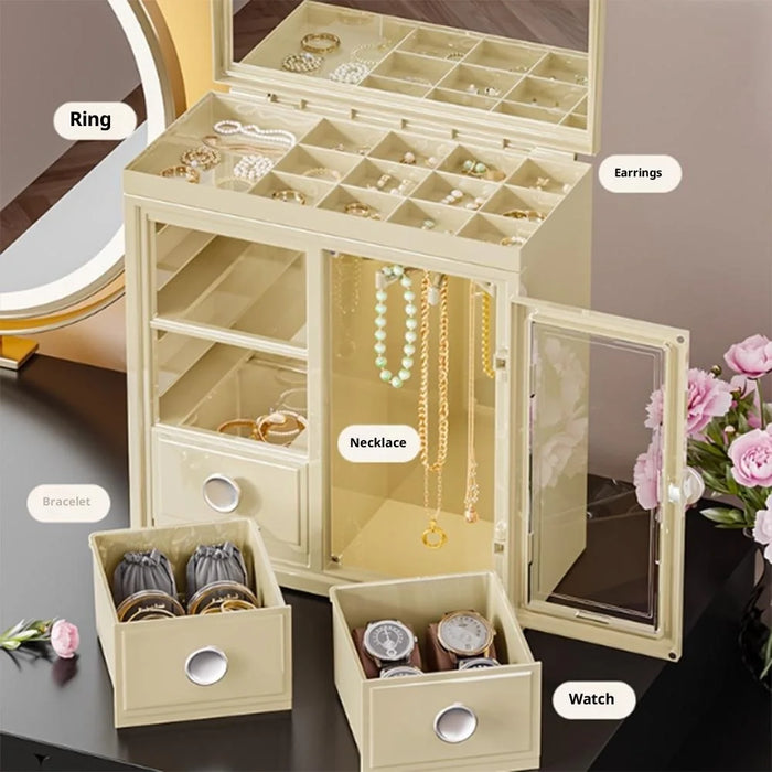 Jewelry Organizer Box Earring Ring Necklace Storage Holder with Dustproof Cover Rotating Hook - Yellow / Clear - 2