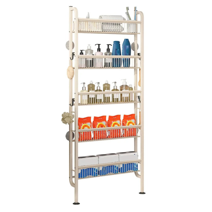 Over The Door Storage Rack 5 Tier Slim Shelf Wall Mounted Metal Organizer Display Stand for Books / Toys - Square Tube / White - 1