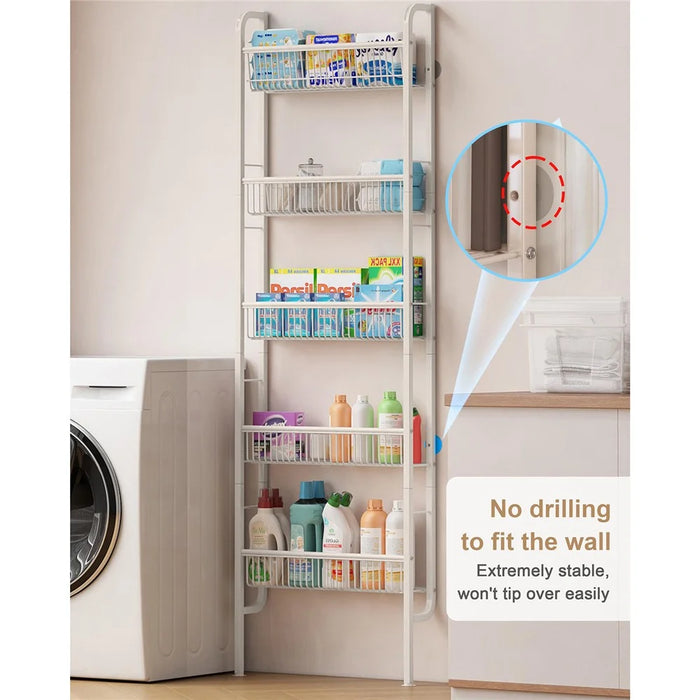 Over The Door Storage Rack 5 Tier Slim Shelf Wall Mounted Metal Organizer Display Stand for Books / Toys - Square Tube / White - 3