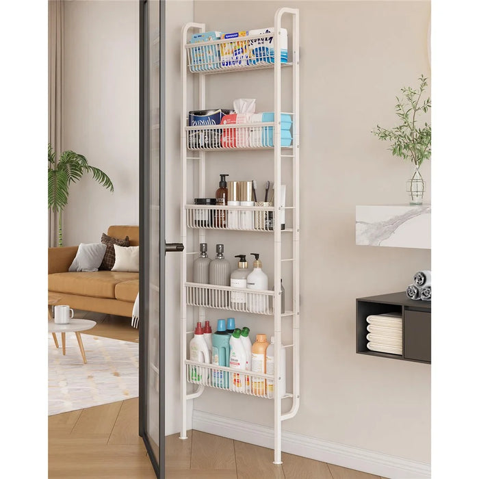 Over The Door Storage Rack 5 Tier Slim Shelf Wall Mounted Metal Organizer Display Stand for Books / Toys - Square Tube / White - 4