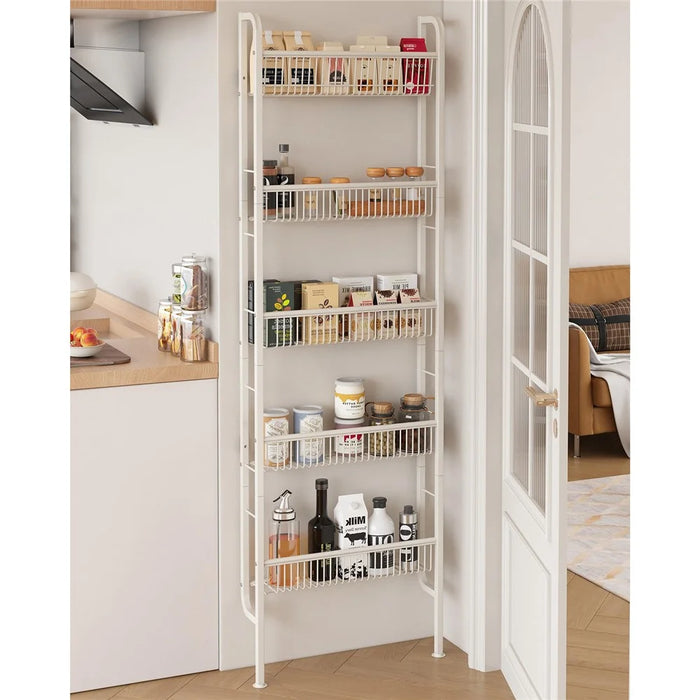 Over The Door Storage Rack 5 Tier Slim Shelf Wall Mounted Metal Organizer Display Stand for Books / Toys - Square Tube / White - 5