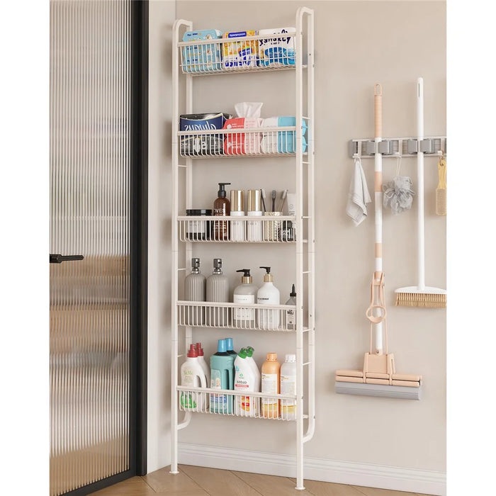 Over The Door Storage Rack 5 Tier Slim Shelf Wall Mounted Metal Organizer Display Stand for Books / Toys - Square Tube / White - 6
