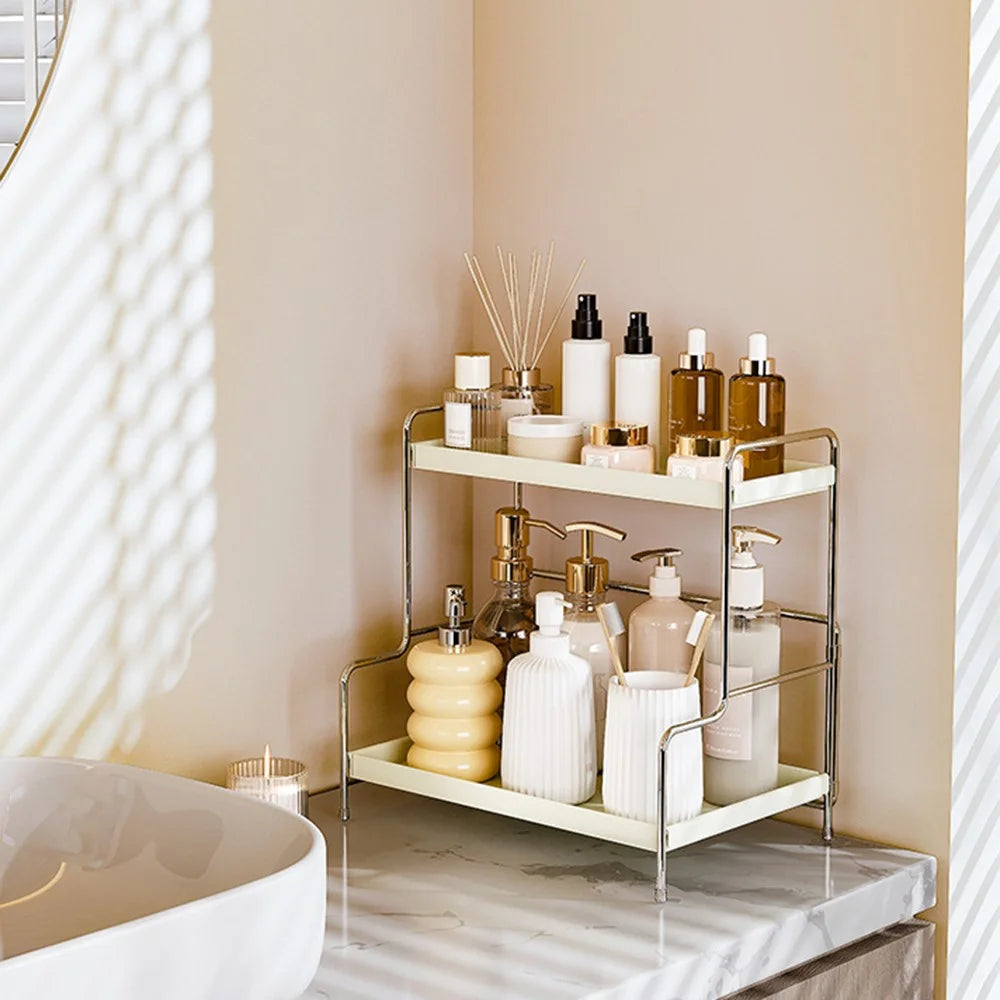 43 x 22 x 32cm Cosmetic Organizer Bathroom Countertop Storage Rack Makeup Vanity Shelf Washstand Toiletry Holder, White - 6