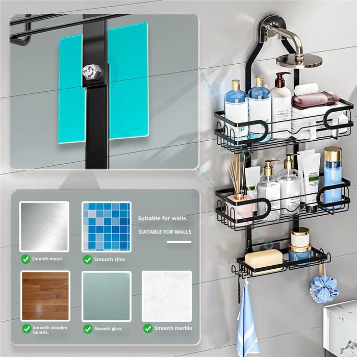 Shower Head Holder Bathroom Hanging Basket Storage Rack Wall Mounted Organizer Multi-Layer for Toiletries - 3