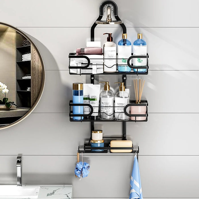 Shower Head Holder Bathroom Hanging Basket Storage Rack Wall Mounted Organizer Multi-Layer for Toiletries - 7