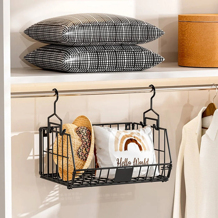 Foldable Hanging Closet Organizer Single Tier Storage Shelf Divider Wardrobe Space Saver for Clothes - Black - 2