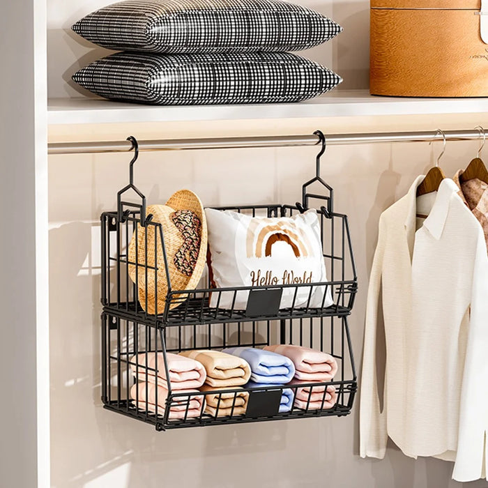 Foldable Hanging Closet Organizer 2-Tier Storage Shelf Divider Wardrobe Space Saver for Clothes - Black - 3