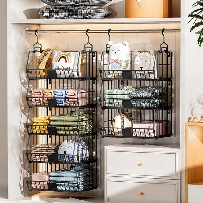 Foldable Hanging Closet Organizer 3-Tier Storage Shelf Divider Wardrobe Space Saver for Clothes - Black - 3