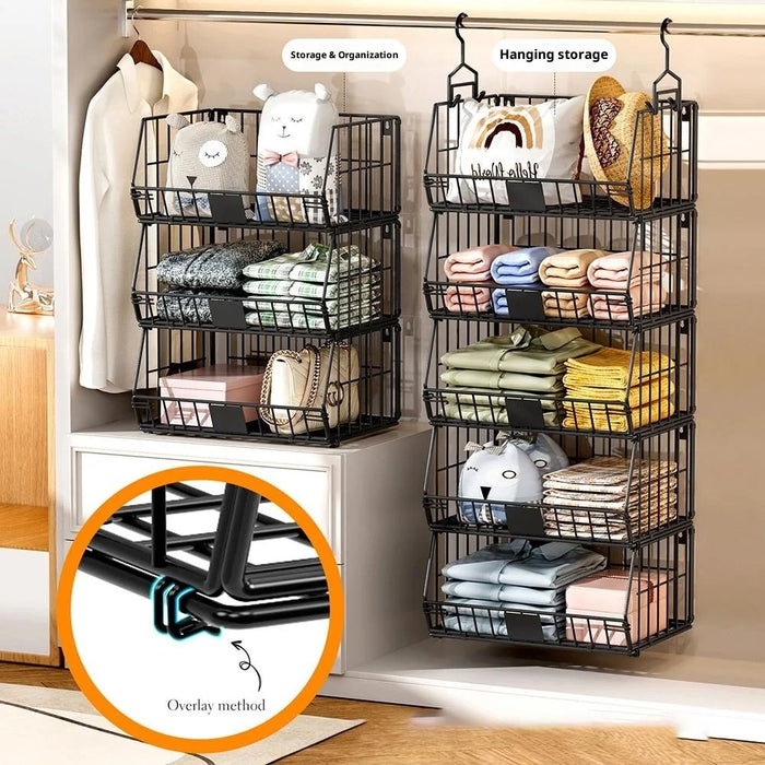 Foldable Hanging Closet Organizer 3-Tier Storage Shelf Divider Wardrobe Space Saver for Clothes - Black - 6