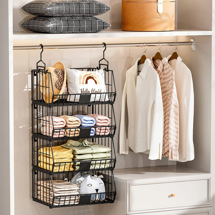 Foldable Hanging Closet Organizer 4-Tier Storage Shelf Divider Wardrobe Space Saver for Clothes - Black - 3