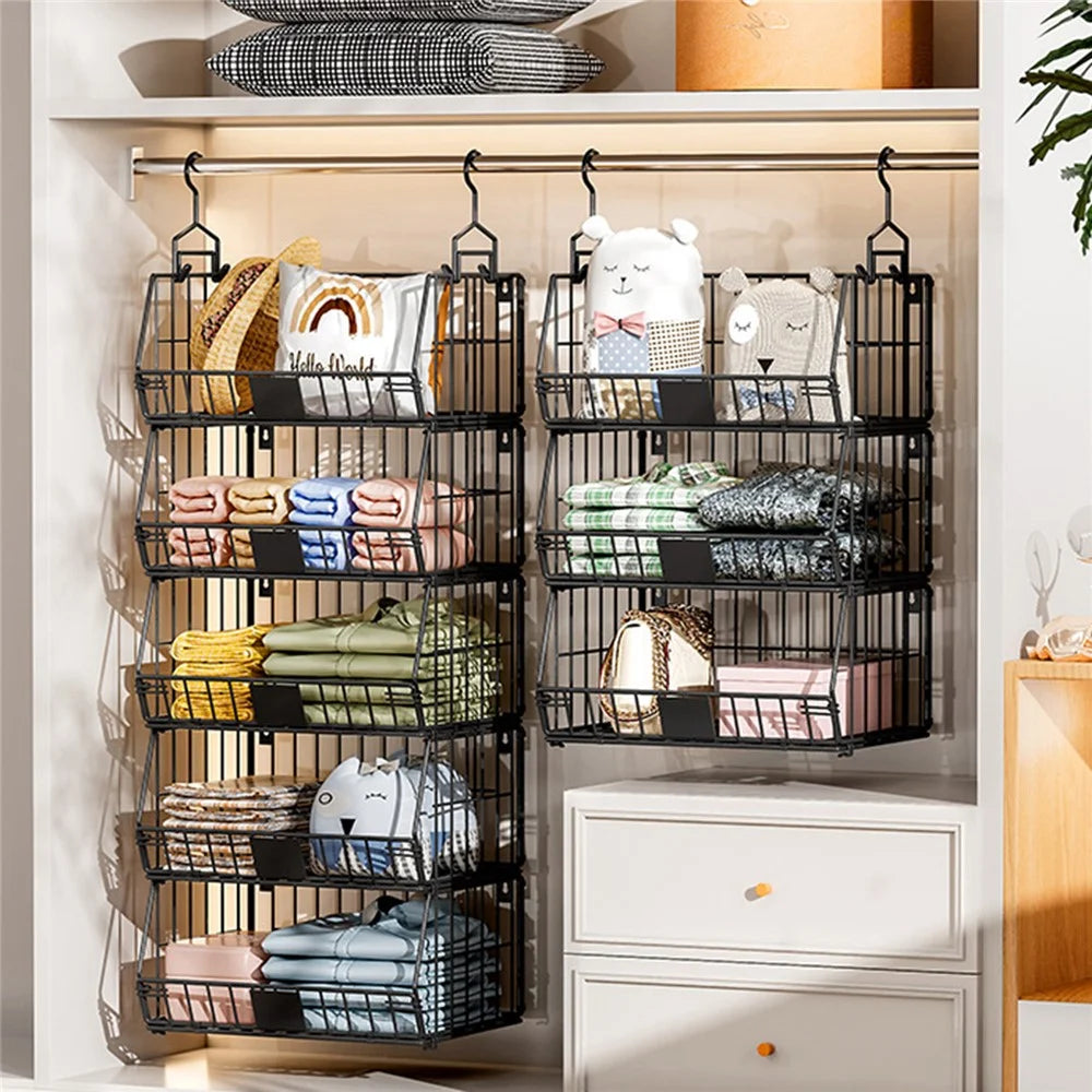Foldable Hanging Closet Organizer 5-Tier Storage Shelf Divider Wardrobe Space Saver for Clothes - Black - 4