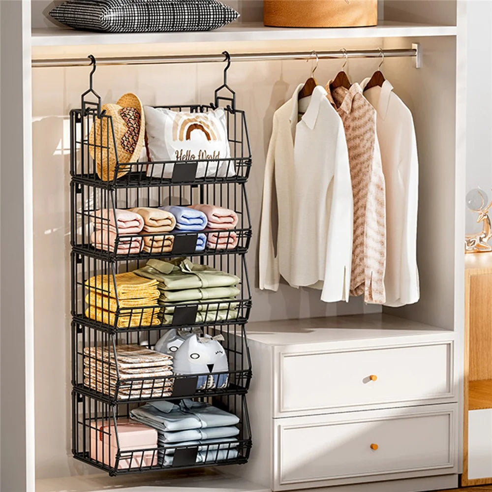 Foldable Hanging Closet Organizer 5-Tier Storage Shelf Divider Wardrobe Space Saver for Clothes - Black - 5