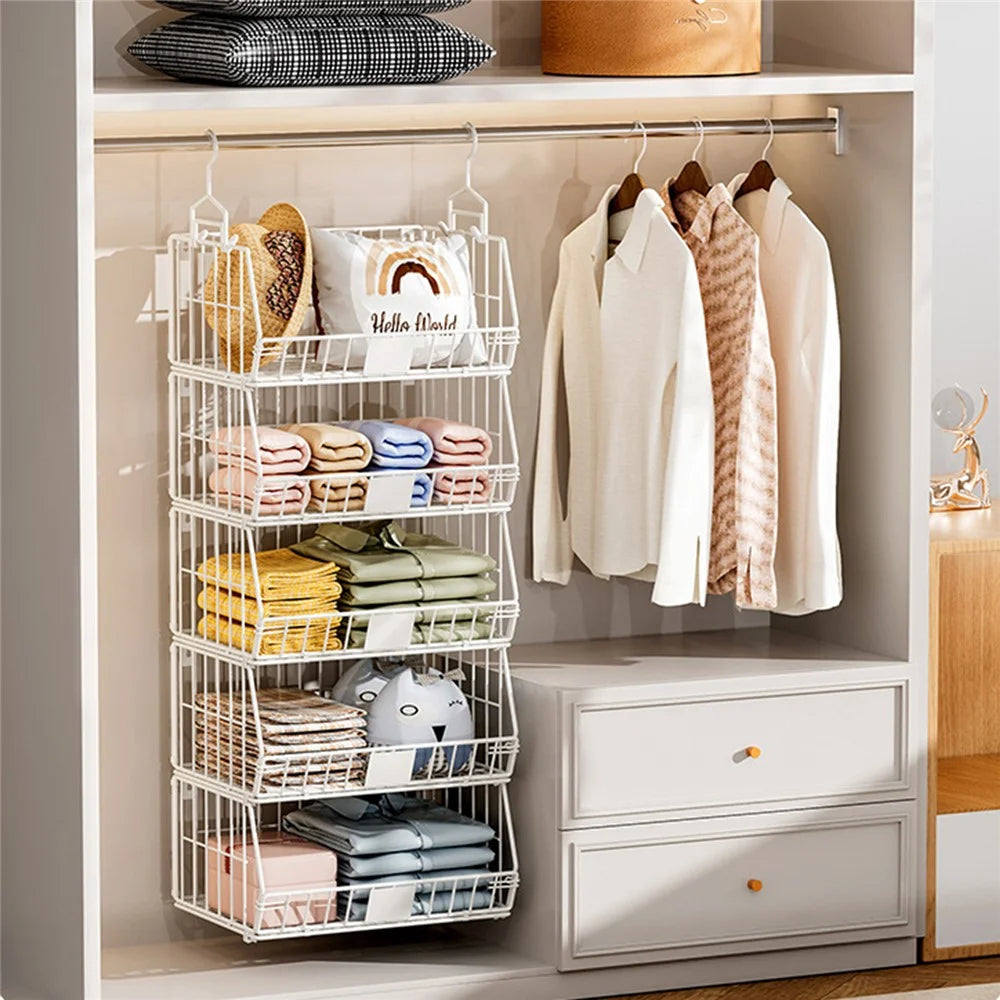 Foldable Hanging Closet Organizer 5-Tier Storage Shelf Divider Wardrobe Space Saver for Clothes - Black - 7