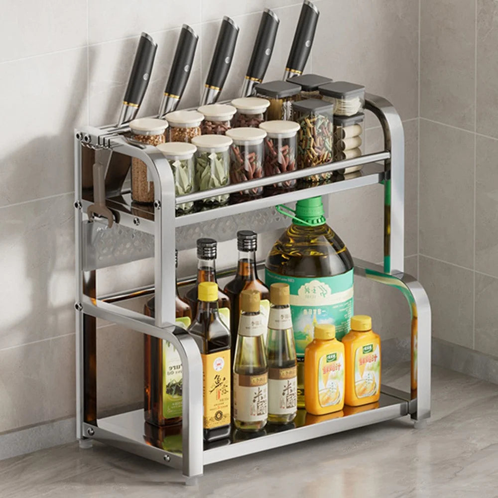 40cm 2 Layer Stainless Steel Kitchen Spice Rack Knife Holder with Removable Hooks Heavy Duty Countertop Organizer - Bright Color - 1