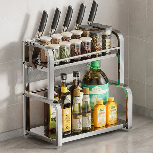 40cm 2 Layer Stainless Steel Kitchen Spice Rack Knife Holder with Removable Hooks Heavy Duty Countertop Organizer - Bright Color - 1