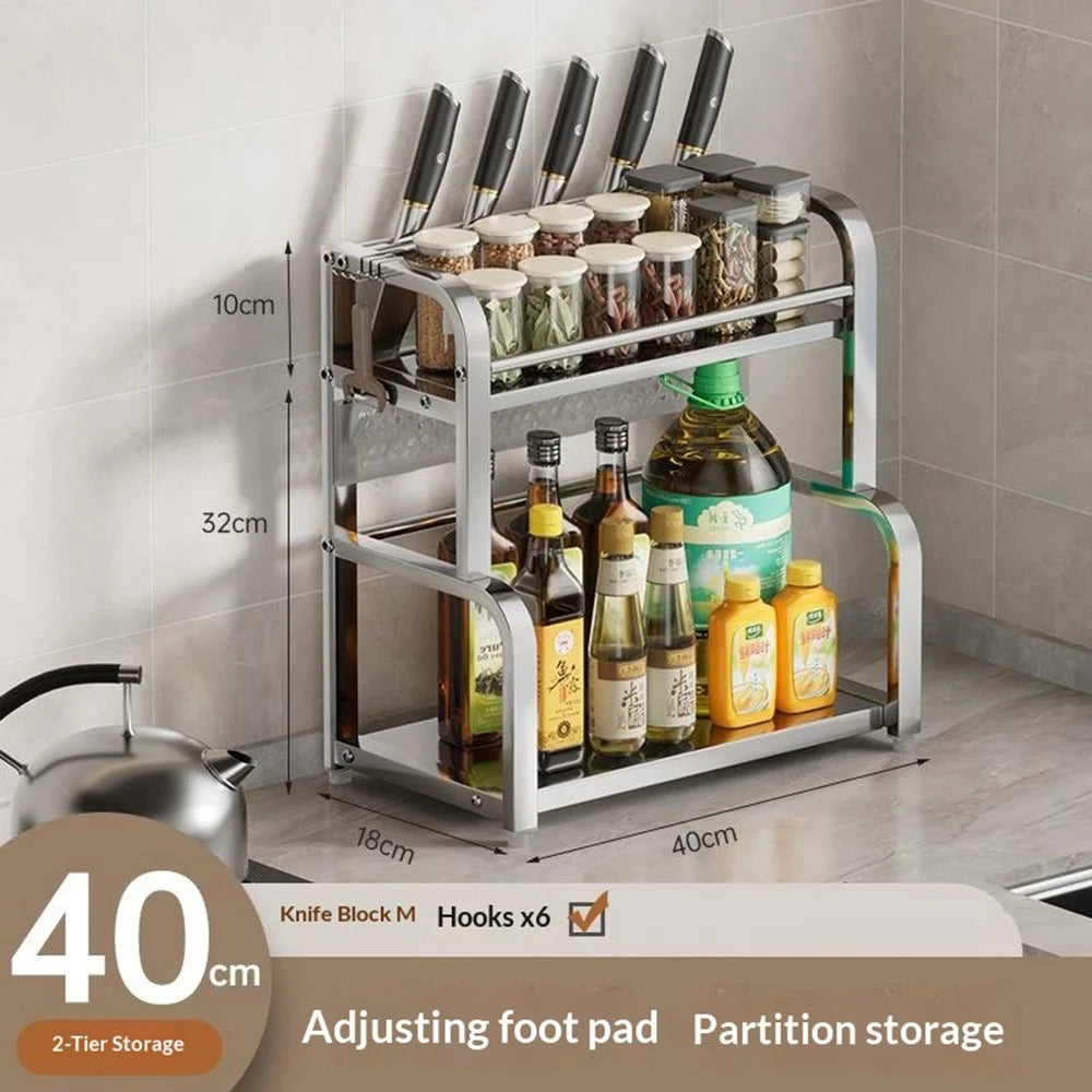 40cm 2 Layer Stainless Steel Kitchen Spice Rack Knife Holder with Removable Hooks Heavy Duty Countertop Organizer - Bright Color - 2