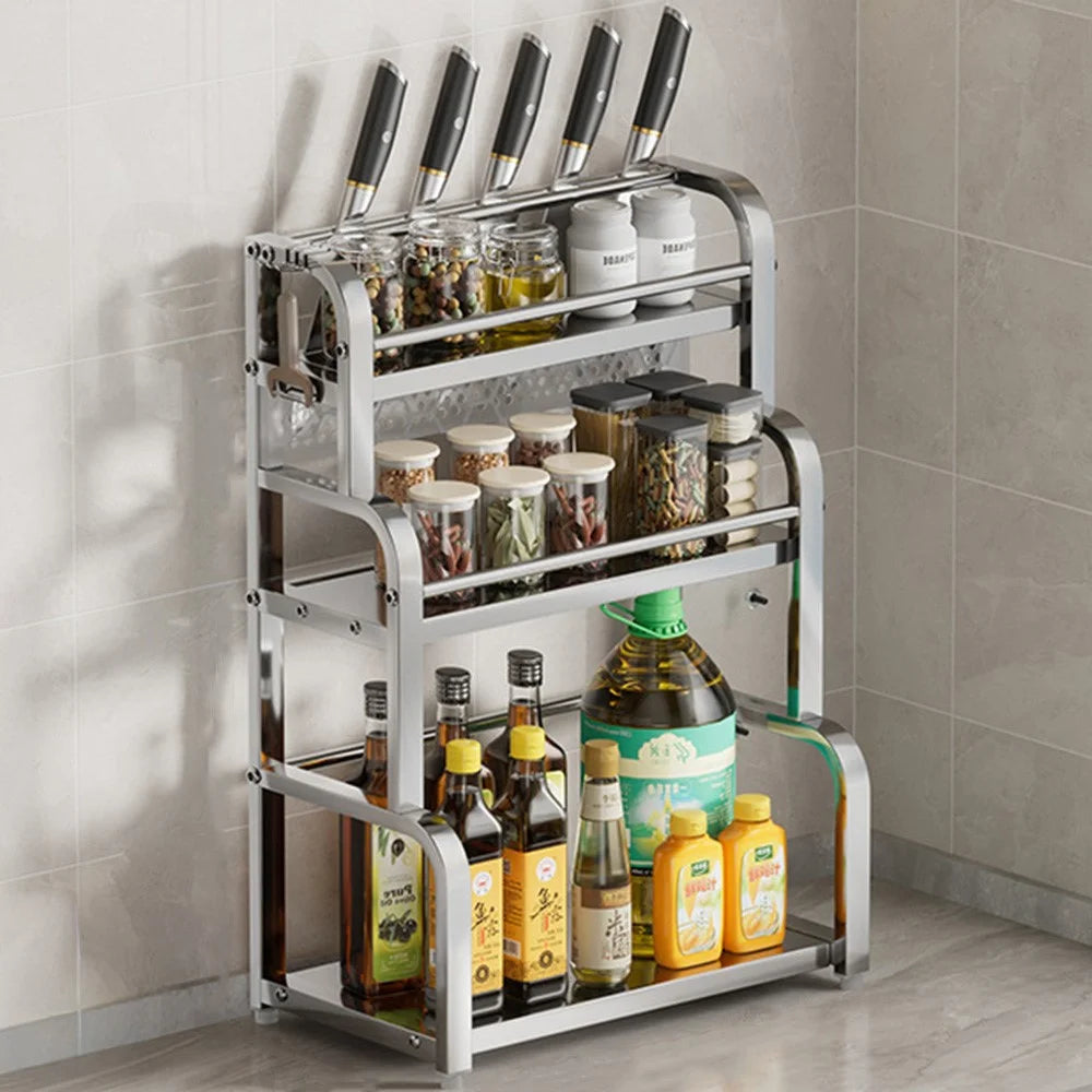 40cm 3 Layer Stainless Steel Kitchen Countertop Spice Storage Rack Knife Organizer with Removable Hooks - Bright Color - 1