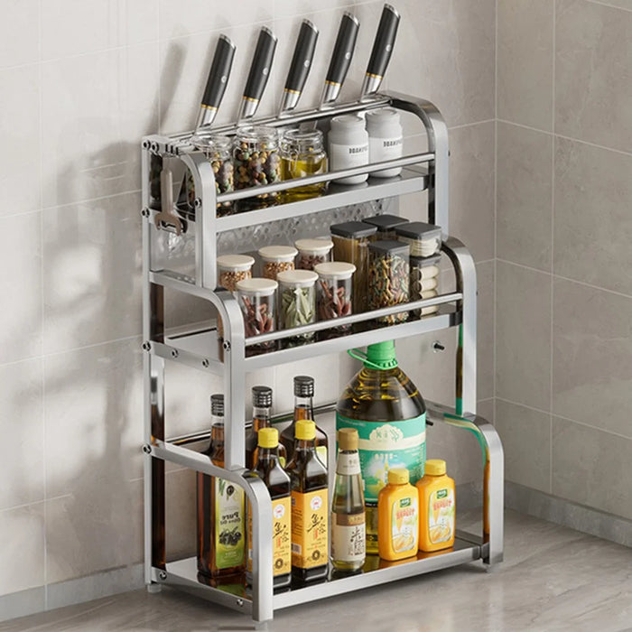 40cm 3 Layer Stainless Steel Kitchen Countertop Spice Storage Rack Knife Organizer with Removable Hooks - Bright Color - 1