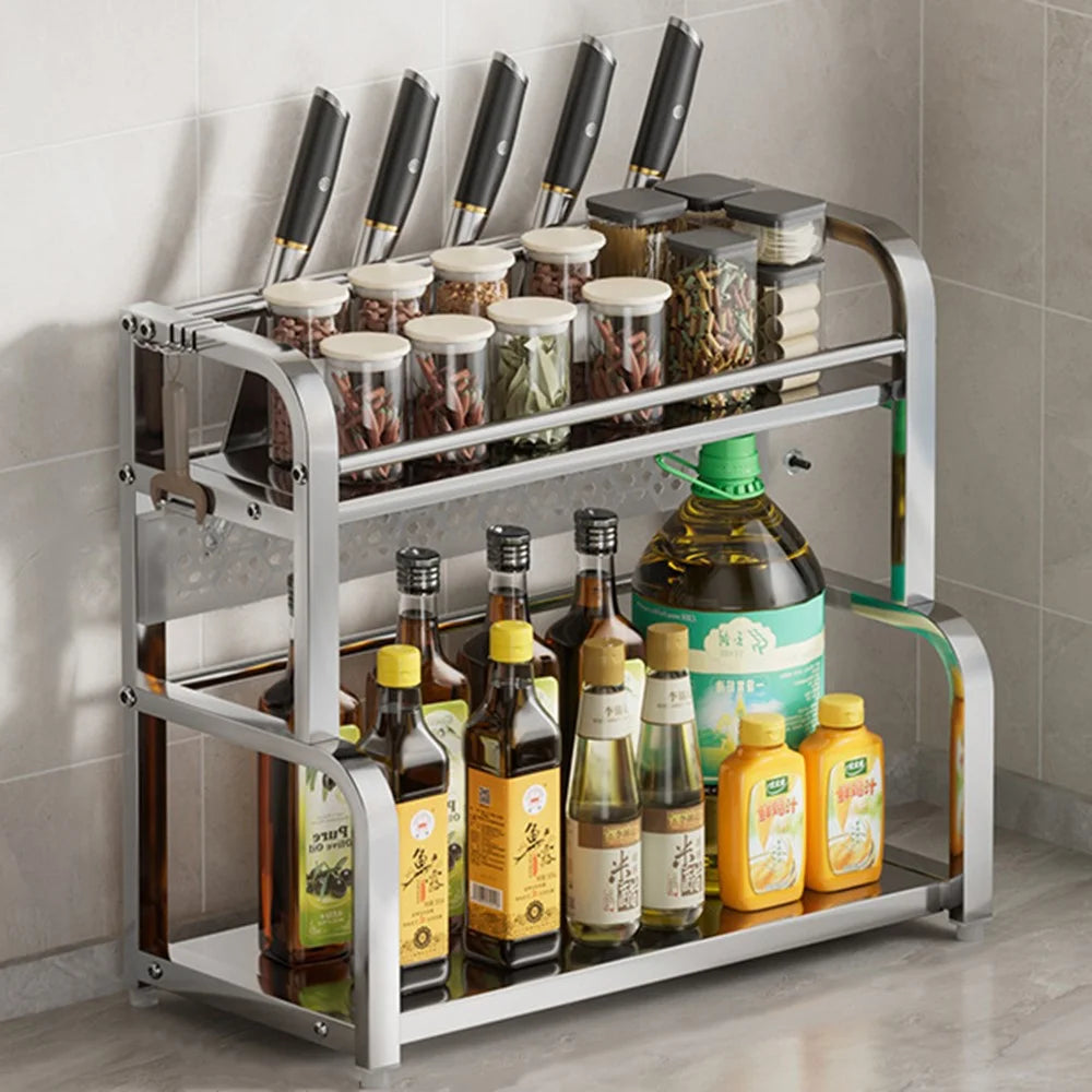 50cm Stainless Steel Kitchen Countertop Storage Organizer 2 Layer Knife Holder with Removable Hooks - Bright Color - 1